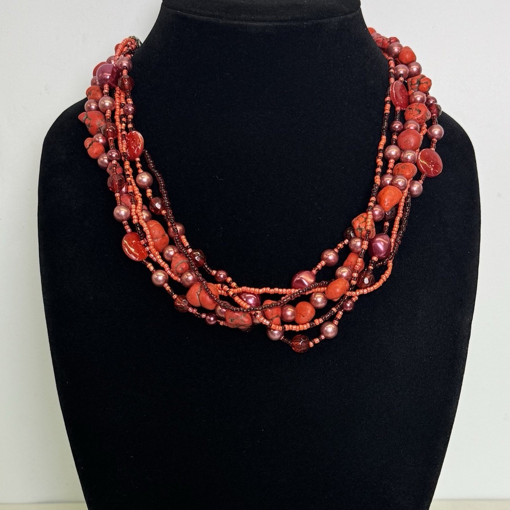 Esmor Signed - Multistrand Red Tones Beaded 21" Necklace Seed Beads‎ VTG